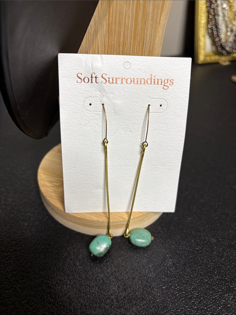 New Soft Surroundings Brass Long Drop Earrings Boho Dangle Turquoise Stones